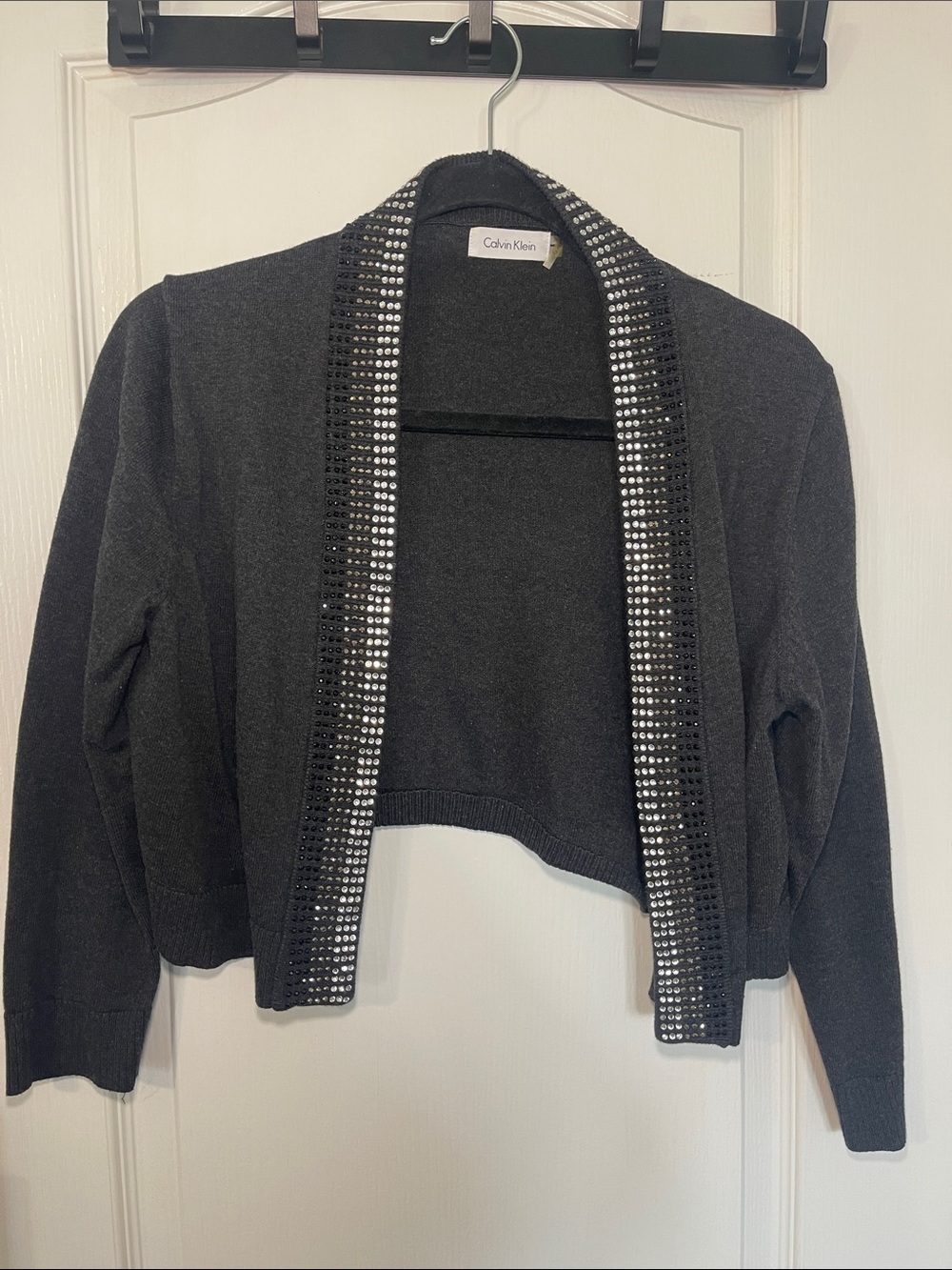 Calvin Klein Black Open-Front Sequin-Trim Shrug Cardigan